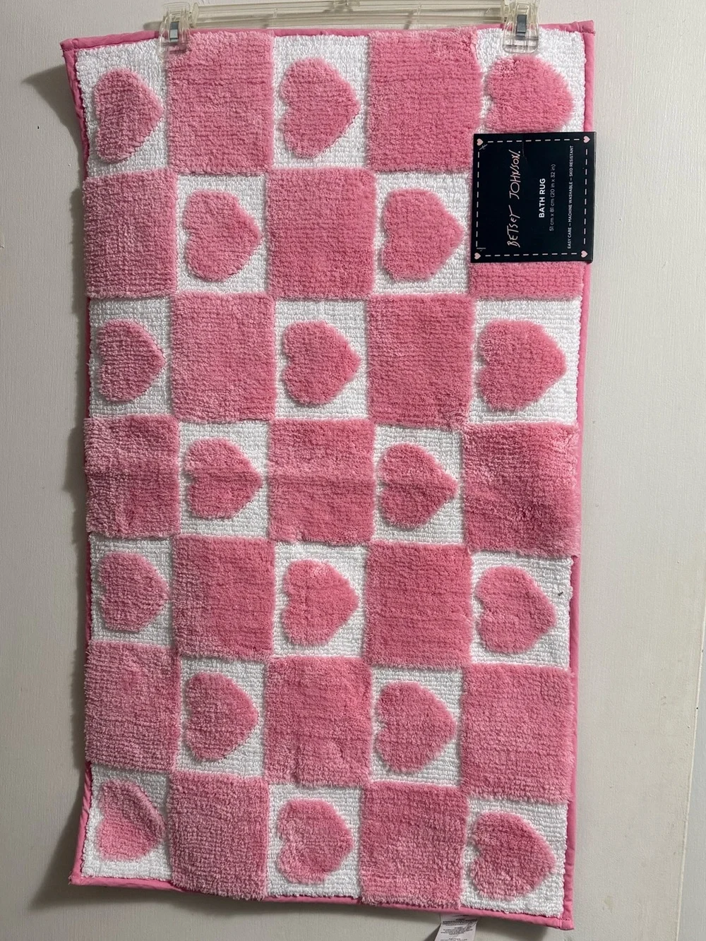 Betsey Johnson Pink and White Heart Check Bath Rug